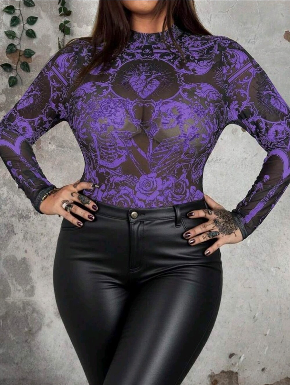 Purple Victorian Skull Rose Motif Sheer Long-Sleeve Women’s Top